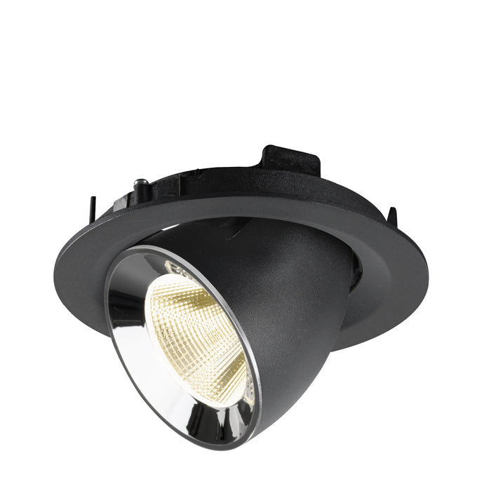 Recessed spotlight in black metal with a reflective chrome finish, featuring a warm white LED bulb and designed for ceiling mounting.