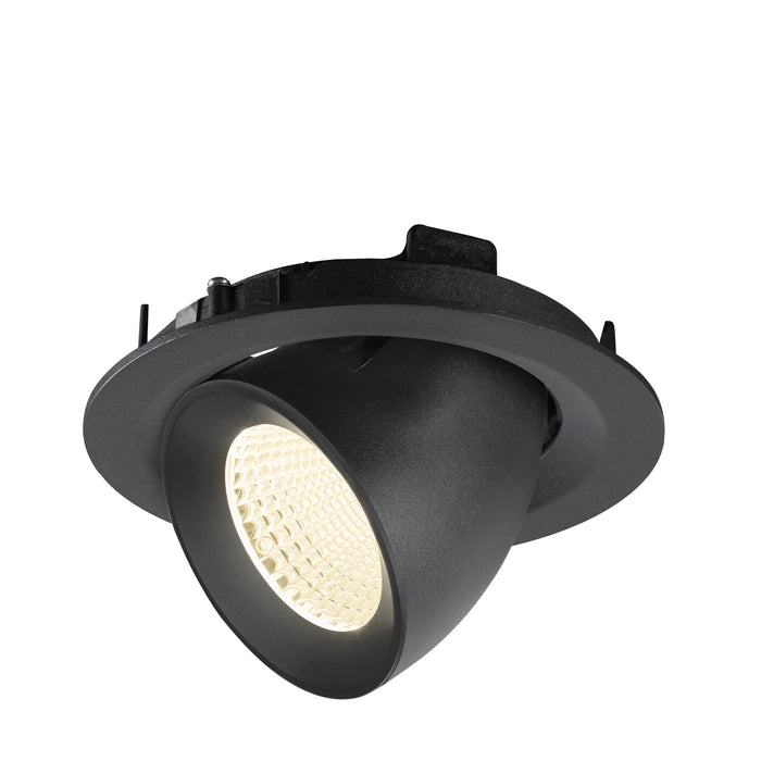 Black recessed ceiling light fixture, adjustable angle, matte finish.