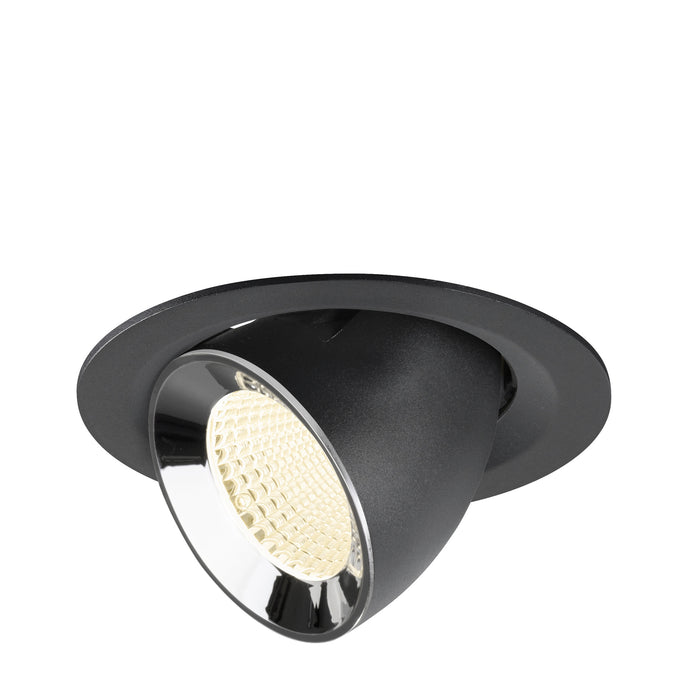 Black metal recessed spotlight with a chrome finish and a warm white LED bulb, designed for ceiling mounting.