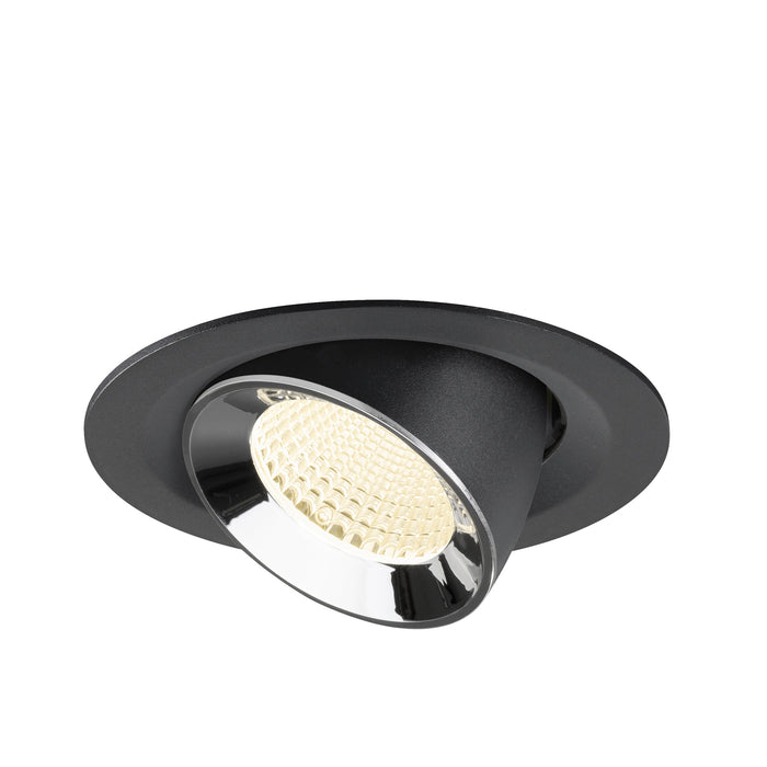 Black recessed spotlight with a chrome finish and textured lens, designed for ceiling mounting.