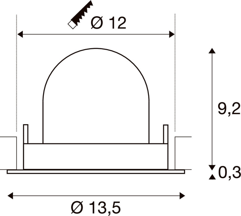 Technical drawing with dimensions for a recessed light fixture.