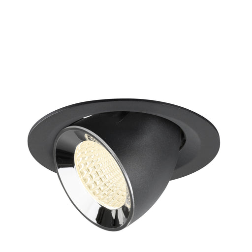 Recessed ceiling light fixture made of metal with a matte black finish and chrome reflector, designed for easy mounting.