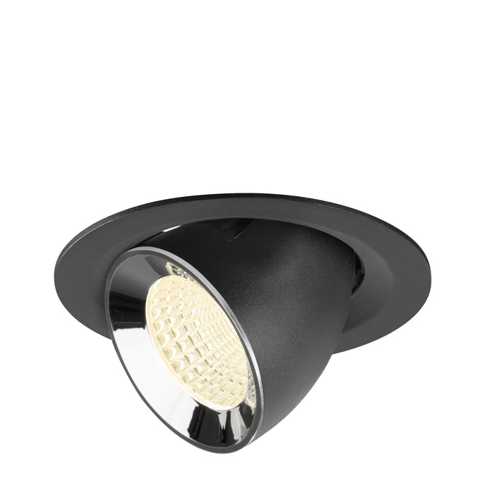 Recessed ceiling light fixture made of metal with a matte black finish and chrome reflector, designed for easy mounting.