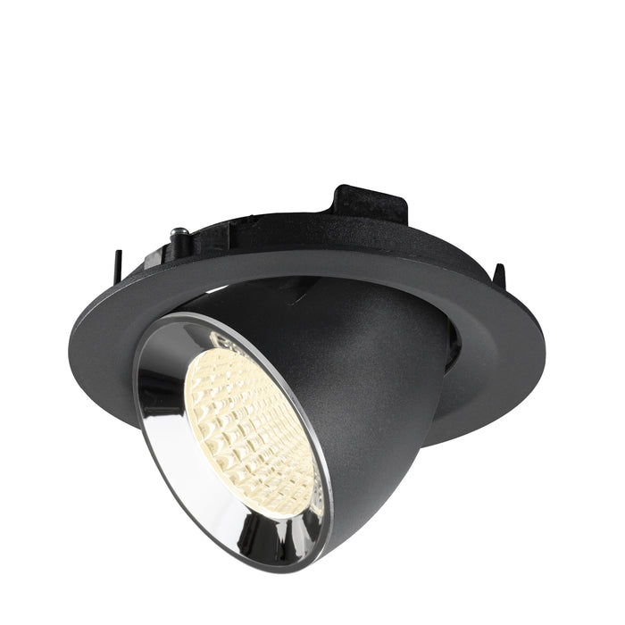 Recessed LED downlight in black finish with a reflective chrome interior, designed for ceiling mounting.