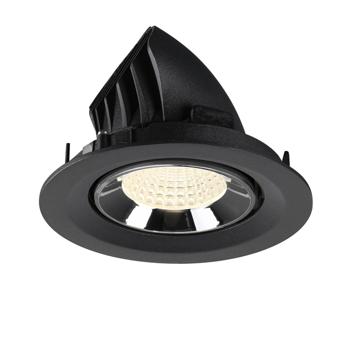 Recessed ceiling light fixture made of metal with a matte black finish and chrome reflector, designed for easy mounting in various settings.
