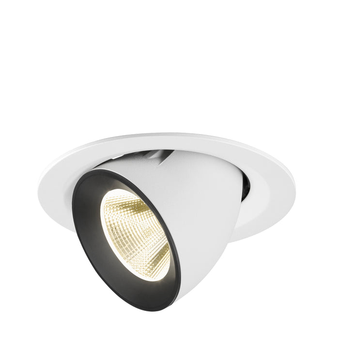 Recessed spotlight made of metal with a matte white finish and black trim, designed for ceiling mounting, featuring a warm white LED light.