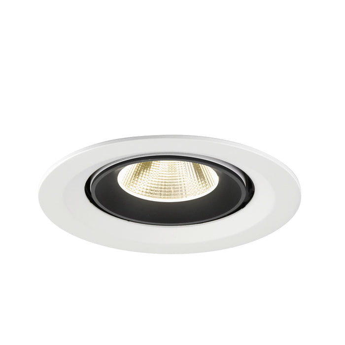 Recessed LED downlight with a white metal finish and black interior, designed for ceiling mounting.
