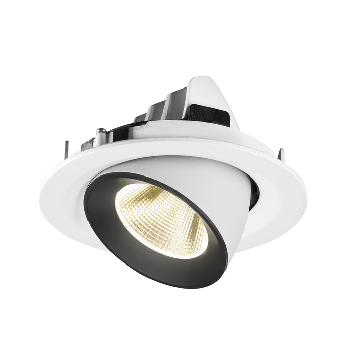 Recessed ceiling light fixture with a white metal body, black trim, and a reflective cone, designed for flush mounting.
