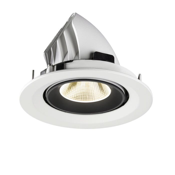 Recessed LED downlight in white finish with aluminum housing and black reflector, designed for ceiling mounting.