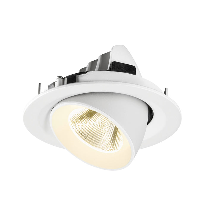 White recessed LED downlight, adjustable tilt, flush mount.