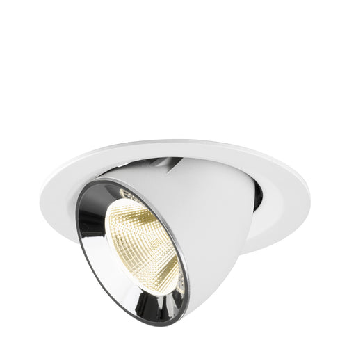 Recessed ceiling light fixture made of metal with a white finish and chrome accents, featuring a warm white LED bulb.