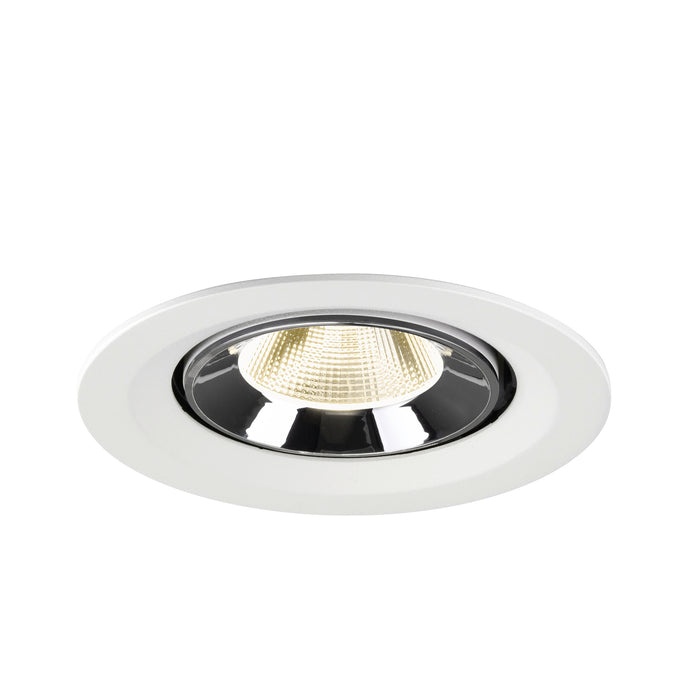 Recessed ceiling light fixture with a white metal finish and chrome reflector, featuring a warm white LED bulb for efficient illumination.