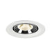 Recessed ceiling light fixture with a white metal finish and chrome reflector, featuring a warm white LED bulb for efficient illumination.