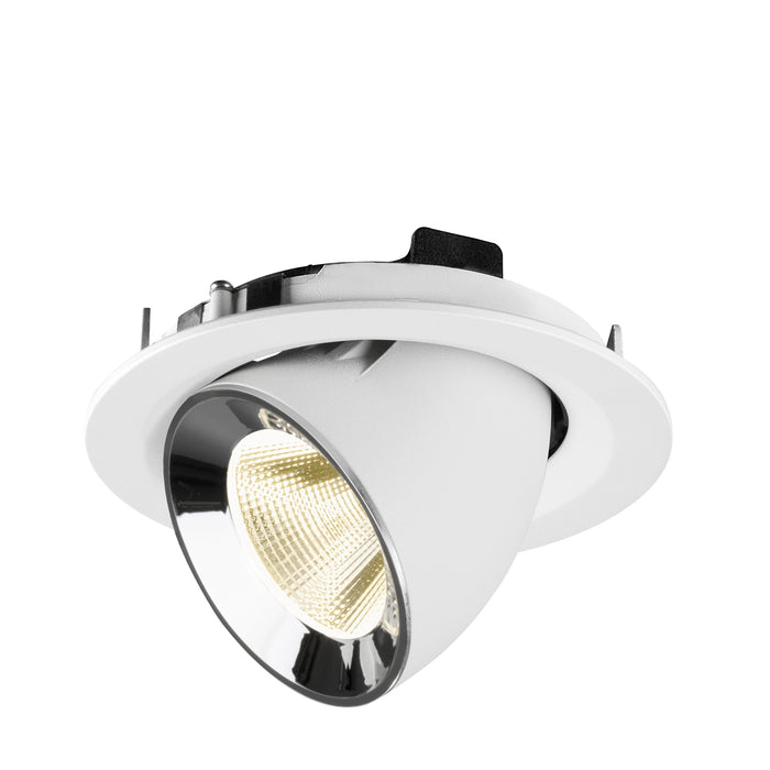 Recessed downlight fixture made of metal with a white finish and chrome reflector, designed for ceiling mounting.
