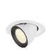 Recessed ceiling light fixture with a white metal body, black trim, and a textured glass lens, designed for flush mounting.