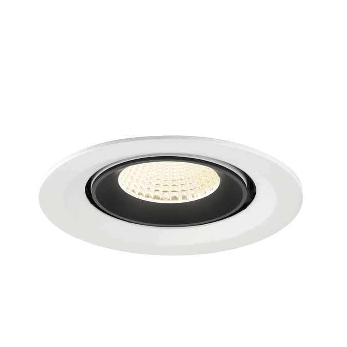 Recessed LED downlight with a white metal finish, black interior, and honeycomb lens for even light distribution.