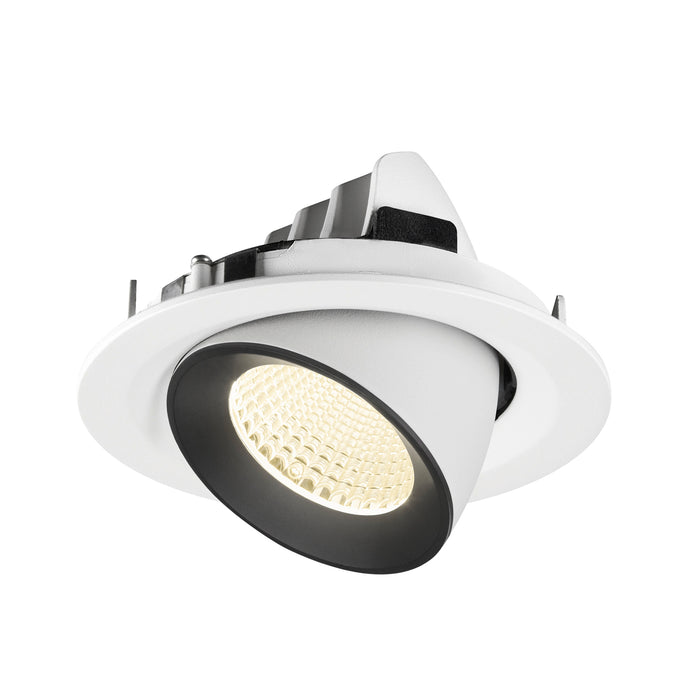 Recessed ceiling light fixture with a white metal body, black trim, and a textured glass lens, designed for flush mounting.