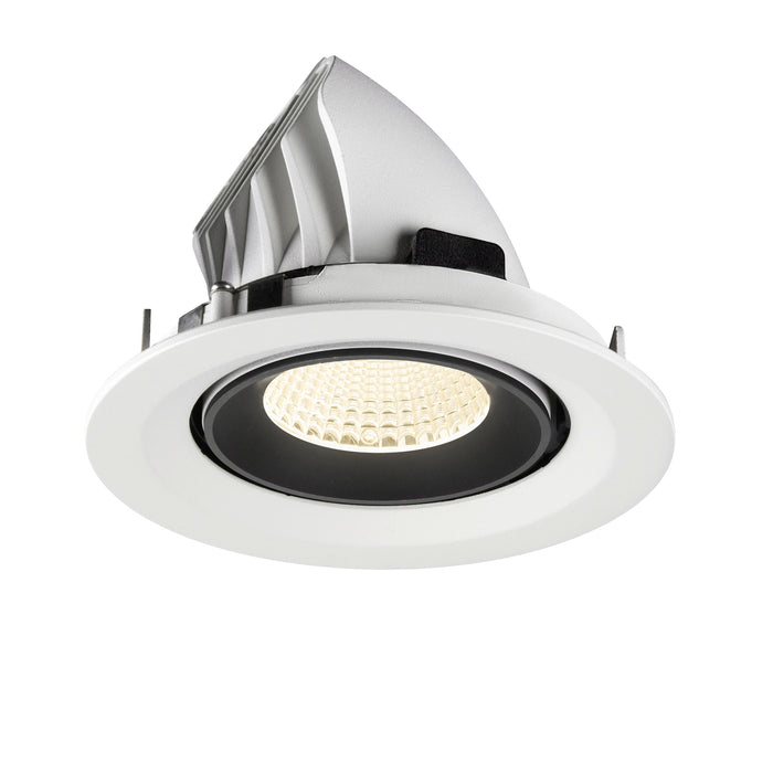 Recessed LED downlight with a white aluminum finish, black trim, and a honeycomb lens for even light distribution.