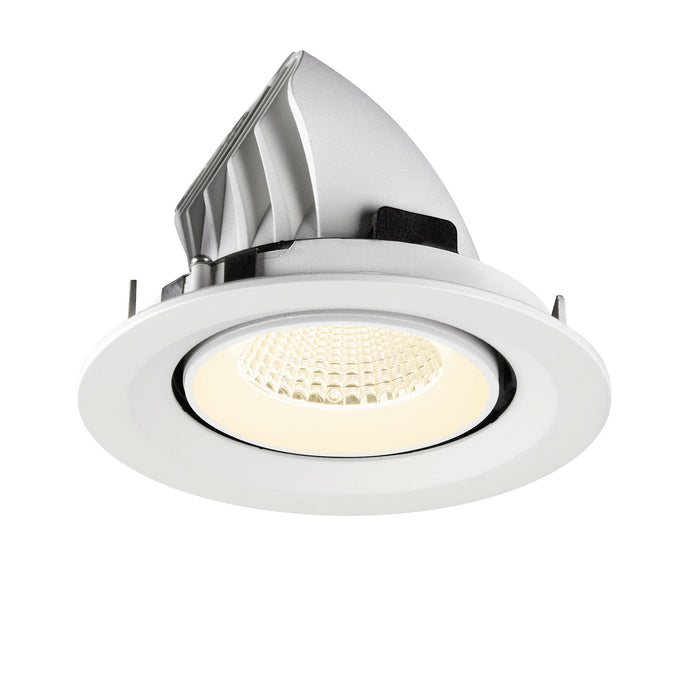 White recessed LED downlight, adjustable angle, with a matte finish.