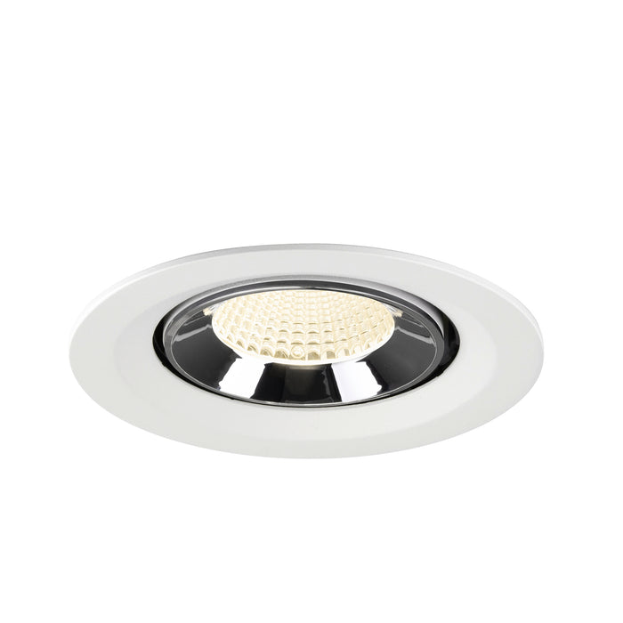 Recessed ceiling light fixture with a white metal finish, chrome accents, and a honeycomb lens for diffused warm light.