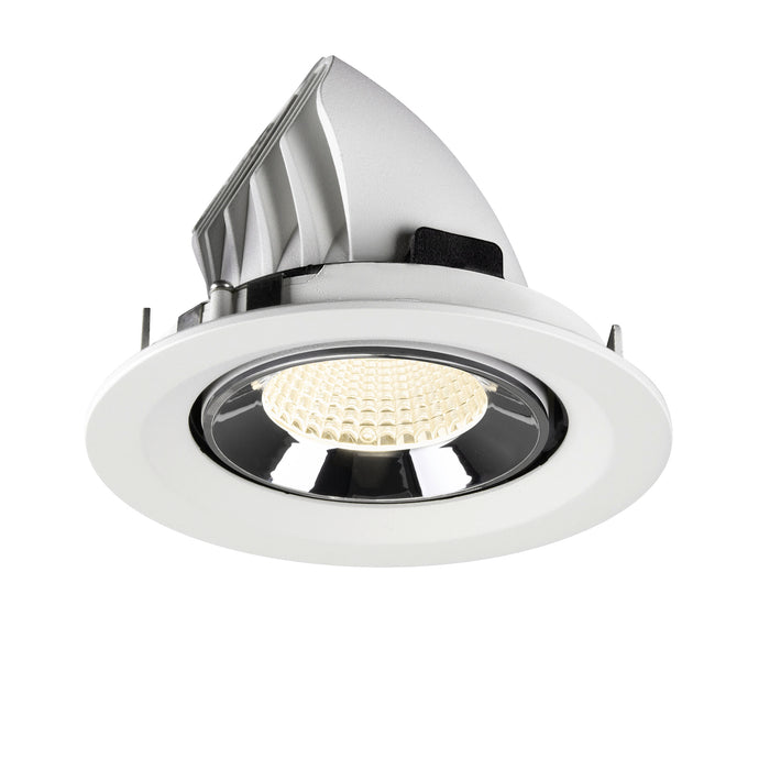 Recessed LED downlight with a white aluminum body, chrome finish, and honeycomb lens for even light distribution, designed for ceiling mounting.