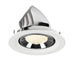 Recessed LED downlight with a white aluminum body, chrome finish, and honeycomb lens for even light distribution, designed for ceiling mounting.