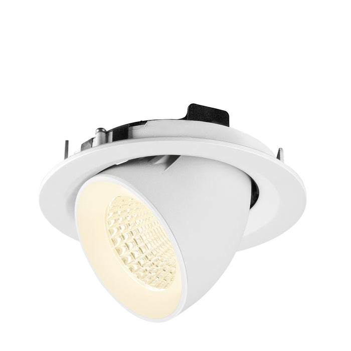 White recessed ceiling light fixture, adjustable spotlight, matte finish.