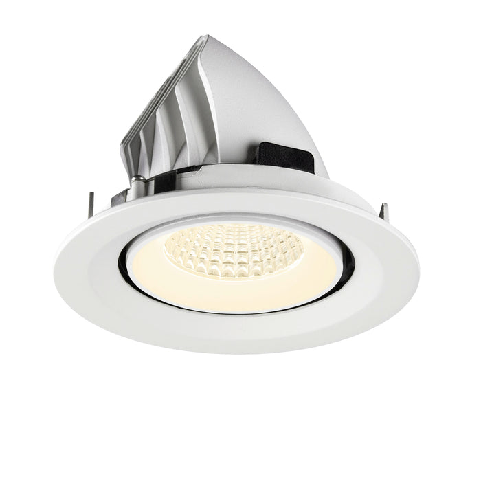 White recessed LED downlight, adjustable tilt, matte finish.