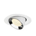 Recessed ceiling light fixture made of metal with a white finish and chrome accents, featuring a round design for easy mounting.