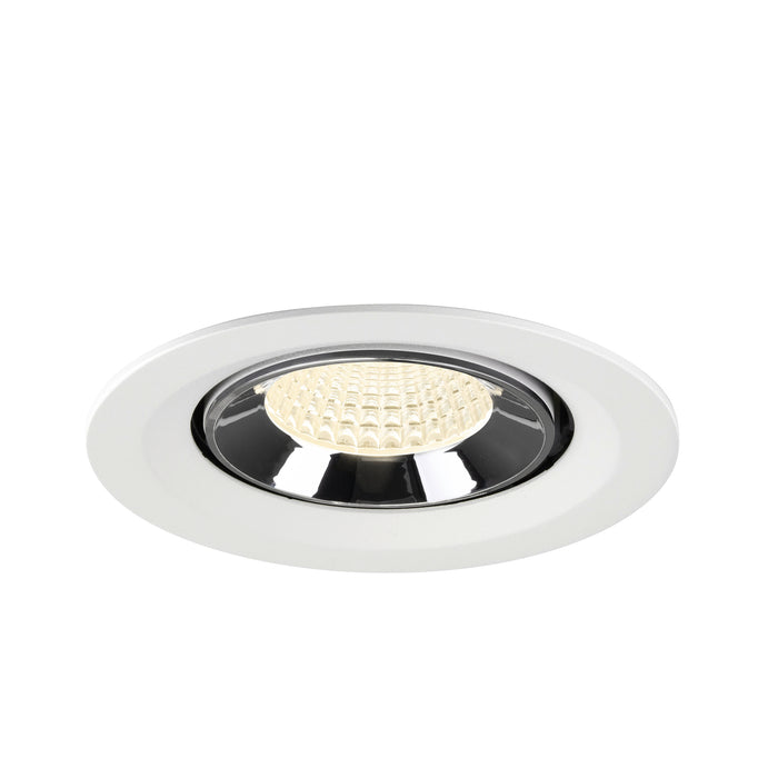 Recessed ceiling light fixture made of metal with a chrome finish, featuring a white trim and a honeycomb lens for soft illumination.