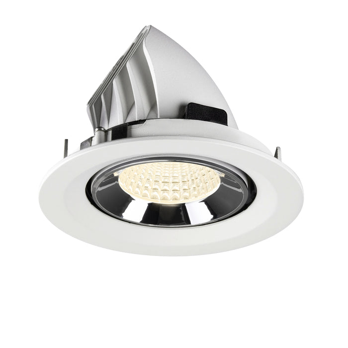 Recessed LED downlight in white aluminum with a chrome finish, featuring a honeycomb lens and designed for ceiling mounting.