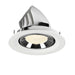 Recessed LED downlight in white aluminum with a chrome finish, featuring a honeycomb lens and designed for ceiling mounting.