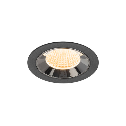 Recessed ceiling light fixture made of metal with a matte black finish and a honeycomb lens, designed for flush mounting.