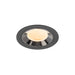 Recessed ceiling light fixture made of metal with a matte black finish and a honeycomb lens, designed for flush mounting.