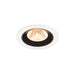 Recessed ceiling light fixture in white metal finish with a black interior, featuring a textured glass lens and warm LED illumination.
