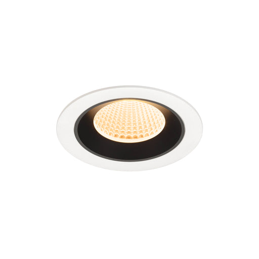 Recessed LED downlight in white metal finish with honeycomb lens, featuring a warm white light and designed for ceiling mounting.
