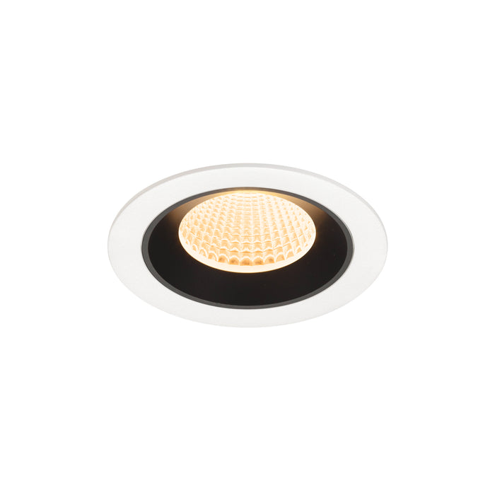 Recessed LED downlight in white metal finish with honeycomb lens, featuring a warm white light and designed for ceiling mounting.