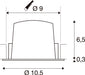 Technical drawing with dimensions for a recessed light fixture.