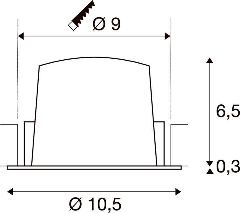 Technical drawing with dimensions for a recessed light fixture.