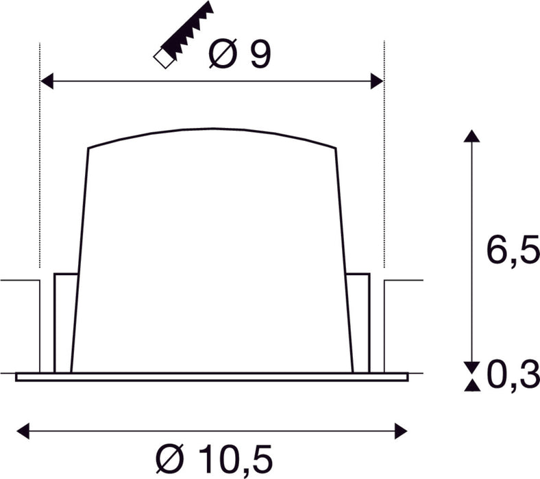 Metal component with a matte finish, featuring dimensions of Ø9mm and Ø10.5mm, height of 6.5mm, and thickness of 0.3mm for mounting applications.