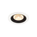 Recessed ceiling light fixture with a white metal finish, black interior, and a warm LED bulb for modern lighting solutions.