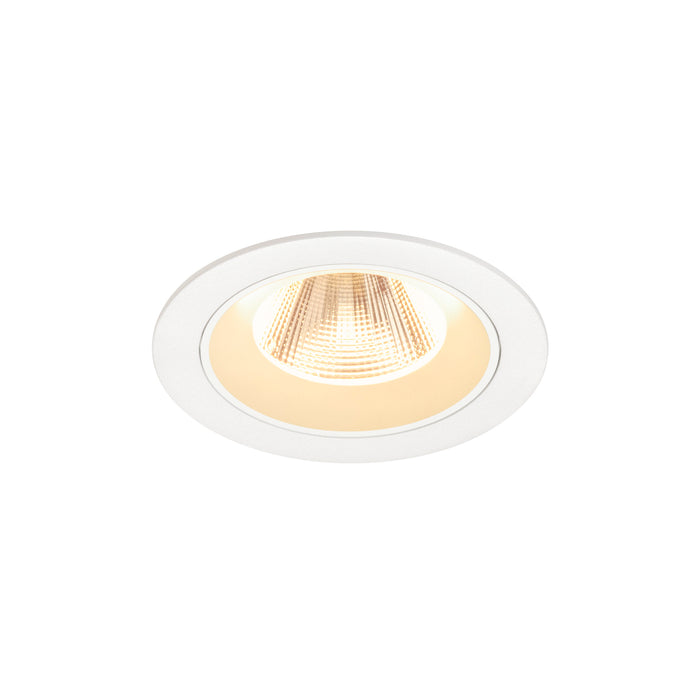 White recessed downlight fixture, round trim, flush mount.