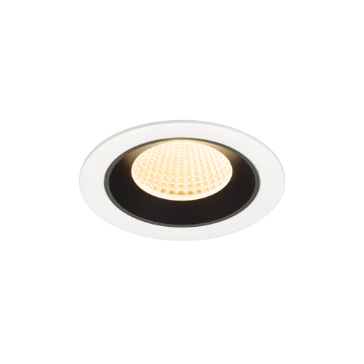 Recessed LED downlight in white metal finish with honeycomb lens, featuring a warm white glow and designed for ceiling mounting.