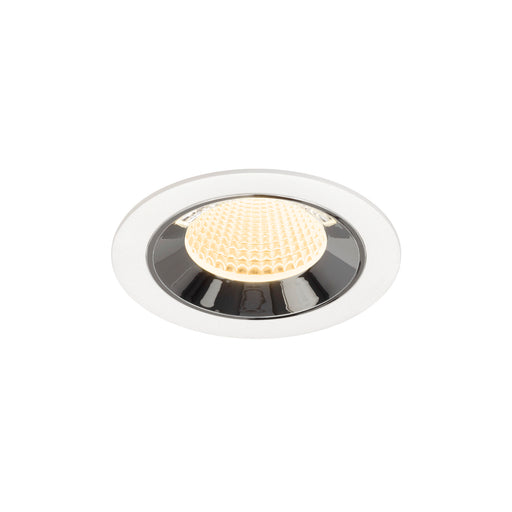 Recessed LED downlight with a white finish, black reflector, and honeycomb lens, designed for ceiling mounting.