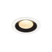 Recessed LED downlight with a white metal finish, black interior, and clear glass lens, designed for ceiling mounting.