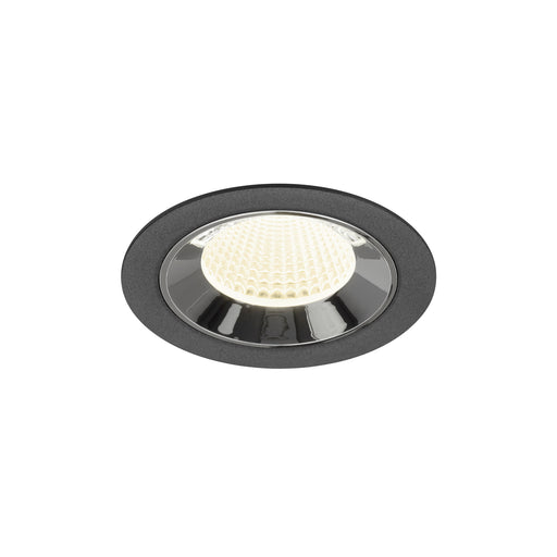 Recessed LED downlight in black metal finish with a honeycomb lens and white light, designed for ceiling mounting.