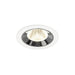 Recessed ceiling light fixture with a chrome finish, white metal trim, and a textured glass lens for modern illumination.