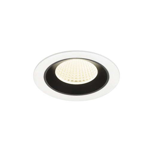 Recessed LED downlight with a white metal finish, black trim, and honeycomb lens, designed for ceiling mounting.