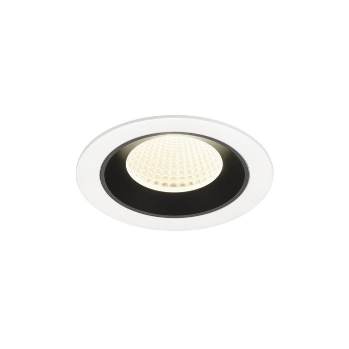 Recessed LED downlight with a white metal finish, black trim, and honeycomb lens, designed for ceiling mounting.