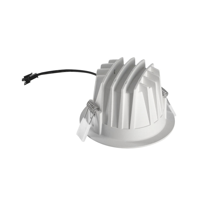 White recessed LED downlight with aluminum heat sink and spring mounting clips.
